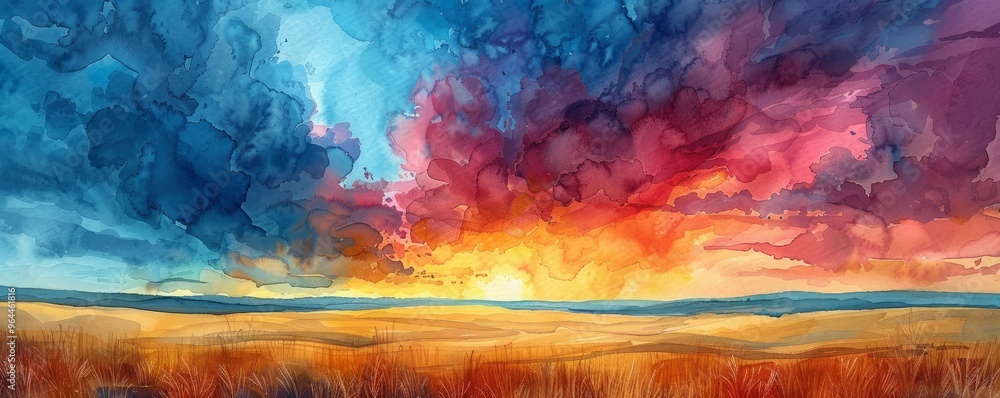 Canvas Prints watercolor abstract stormy clouds over a rolling landscape.