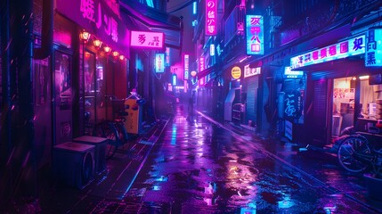 Dark street in cyberpunk city, gloomy alley with neon lighting