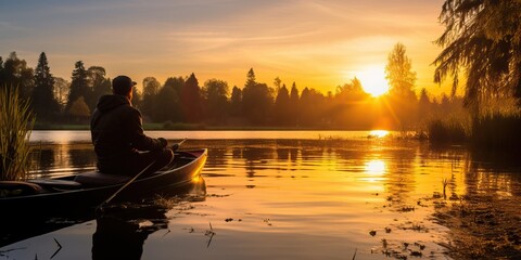 Silhouette of man rowing a canoe on a lake at sunrise