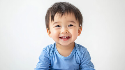 Portrait of Happy Asian toddler boy, sitting with a smile ,isolated on a pure white background