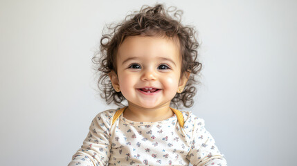 Naklejka premium Portrait of Smiling Middle Eastern toddler girl, sitting cheerfully ,isolated on a pure white background