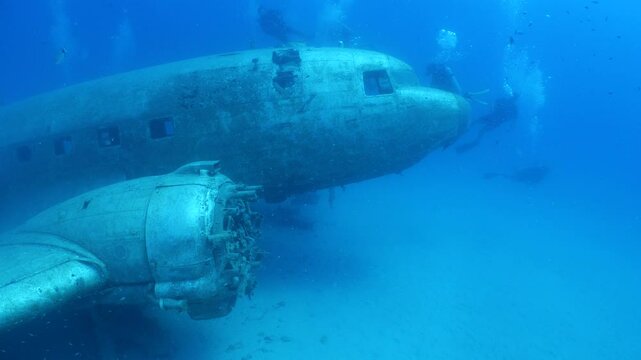 c47 dakota air plane wreck underwater  fish around ocean scenery of airplane and metal on ocean floor  scenery scuba divers to explore