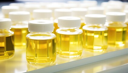 Close up of many small glass bottles with yellow liquid and white caps. Laboratory setting, chemical research, scientific experiment concept