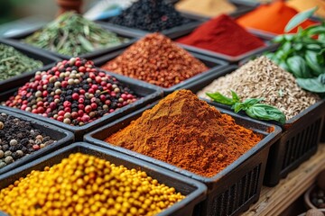 Fototapeta premium Assortment of aromatic spices and herbs displayed in wooden bowls