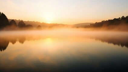 Serene sunrise over misty lake reflecting the peaceful landscape. Tranquil nature scene with soft light and calm waters