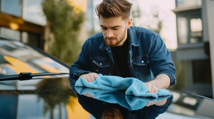 Mężczyzna z pełnym skupieniem przeciera samochód ściereczką z mikrofibry, usuwając kurz i smugi z powierzchni.