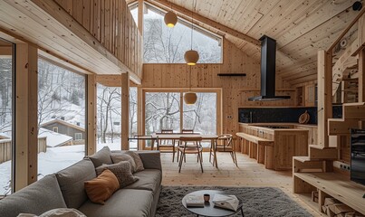 Minimalist mountain cabin with modern decor.