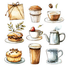 cute cartoon water color whimsical concept for kids whimsical watercolor isolated on white A charming collection of coffee and dessert illustrations featuring cups