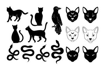 Halloween Hand Drawn Icon Set with Cats, Snake And Crow. Scary Mystic Animal Hand Drawn Collection. Vector Illustration Isolated on White Background. Halloween Animal Decor Silhouette Doodle Style.