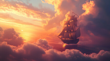 A ship sailing on an ocean made of soft clouds, its sails glowing with the light of a setting sun as it drifts into the horizon