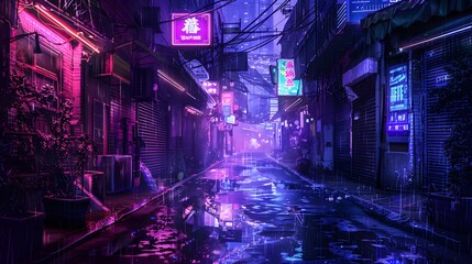 Dark street in cyberpunk city, gloomy alley with neon lighting