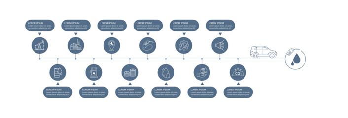 Gasoline car infographic. Innovation technology energy nozzle fuel of automotive industry. Banner space for text with icons vector EPS10.