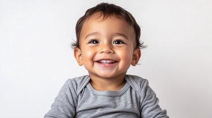 Portrait of Happy Hispanic toddler boy, sitting joyfully ,isolated on a pure white background