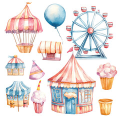 Fototapeta premium cute cartoon water color whimsical concept for kids whimsical watercolor isolated on white A colorful collection of circus elements, including tents, a ferris wheel, balloons