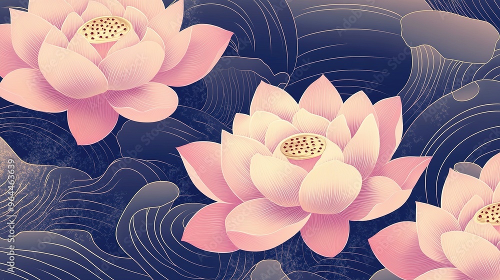 Poster Pink Lotus Flowers with Golden Lines on a Navy Blue Background