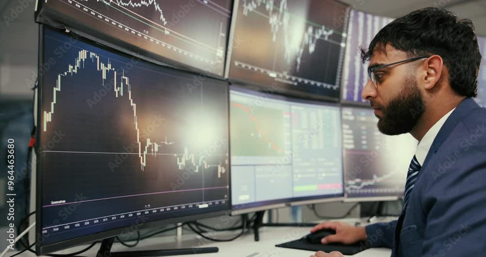 Poster business, man and trader with computer for stock market, financial trading and investment performanc