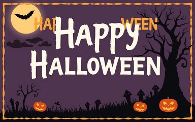 A spooky Halloween greeting card with a full moon, bats, pumpkins, and a haunted forest. Perfect for social media, invitations, or print. 
