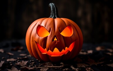 Fototapeta premium A menacing jack-o'-lantern with glowing eyes and a wide grin, set against a dark background of fallen leaves. Perfect for Halloween themes. 