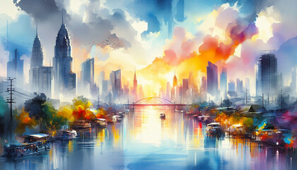 Obraz premium abstract city skyline with reflection, watercolor landscape painting