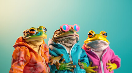 Naklejka premium Funky Frogs Birthday Bash, a vibrant scene featuring a lively group of frogs and toads dressed in mismatched colorful outfits, perfect for a playful party invitation backdrop.