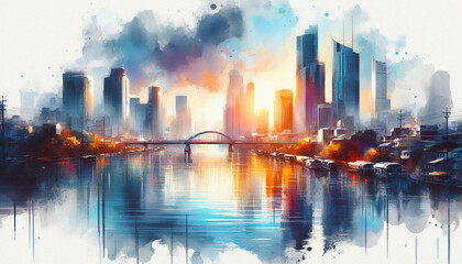 Obraz premium abstract city skyline with reflection, watercolor landscape painting