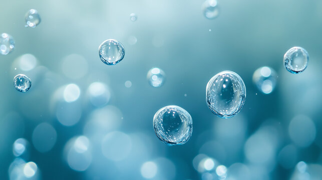 Na tle klarownej, błękitnej wody widoczne są drobne, tlenowe bąbelki unoszące się w wodzie.