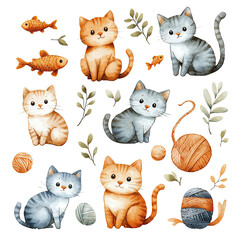 cute cartoon water color whimsical concept for kids whimsical watercolor isolated on white Colorful collection of playful kittens with fish, yarn, and greenery