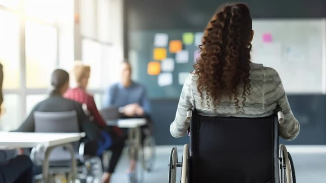 Classroom with a woman in a wheelchair participating in a group discussion. Educational inclusion and accessible learning environment.