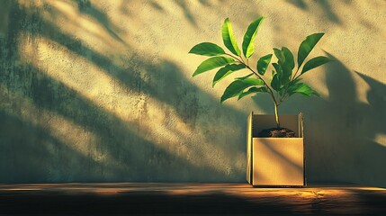A Small Plant Growing in a Cardboard Box on a Wooden Shelf