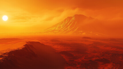 Czerwone piaski Marsa rozświetlone są ciepłymi barwami zachodzącego słońca. Długie cienie i wzburzona burza pyłowa na horyzoncie tworzą tajemniczy i surowy pejzaż tej obcej planety.