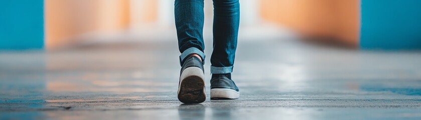 Closeup of a person's feet walking on a floor, shoes and jeans visible.