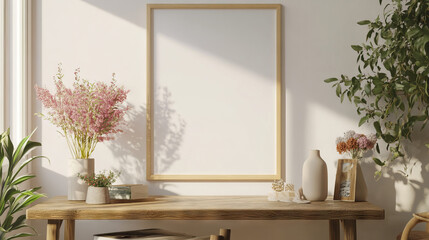 A comfortable and stylish living room with a blank poster frame, a wooden table, flowers, and personal items. It's a modern home design, perfect for showcasing your own style.