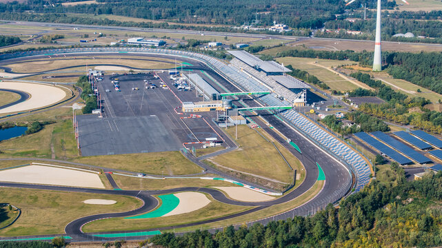 Klettwitz, Germany, aerial view of central part of DEKRA Lausitzring a race track  in the state of Brandenburg in northeast Germany with grandstands and pit line 