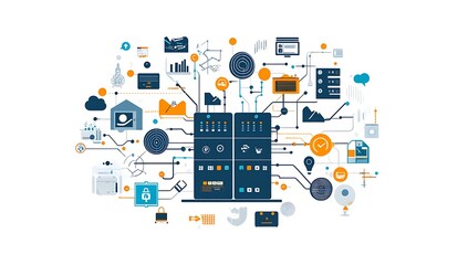 Digital Ecosystem and Network Integration Concept with Data Processing, AI, Cloud Technology, and Business Solutions"
