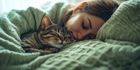 Tabby Cat and Person Resting Under a Soft Blanket