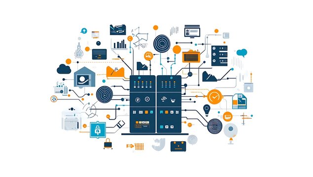 Digital Ecosystem and Network Integration Concept with Data Processing, AI, Cloud Technology, and Business Solutions"
