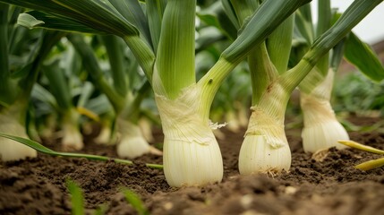 Obraz premium A Close Up of Leeks Growing on a Farm