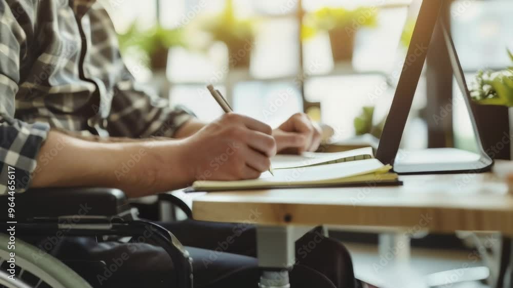 Poster man in a wheelchair working on a laptop in a bright office with potted plants. accessibility in the 