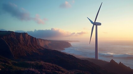 Obraz premium Wind Turbine on Coastal Cliffs at Sunset
