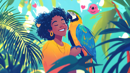 Joyful character with colorful parrot in vibrant tropical setting