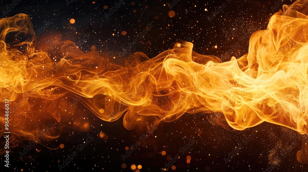 Poster a dynamic wave of vibrant orange fire against a dark background, creating an intense and captivating