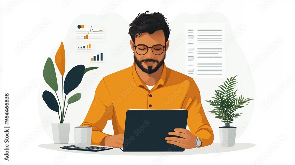 Poster man working on tablet at desk with charts and plants in background
