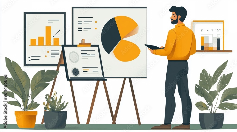 Poster man analyzing business statistics with graphs and charts in modern office