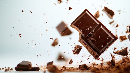A dramatic view of chocolate breaking apart, capturing the rich texture and movement, perfect for food and dessert themes.