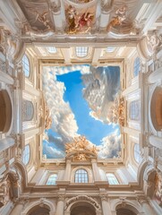 Ethereal Sky Mural: Dramatic Blue Heavens with Baroque-Inspired Frame. Celestial Ceiling Art for Spiritual and Cultural Decor. AI-Generated 4K Wallpaper Perfect for Religious Themes, Aesthetic Interio