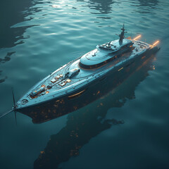 Fototapeta premium Intricate and ethereal digital art ship weight cargo vector serves as a sleek and modern yacht, equipped with high-tech tools and cables. Its sleek body and metallic exterior gleam in the light, while