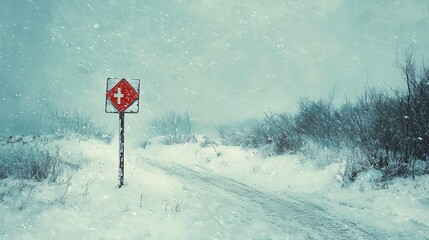 Snowcovered trail, winter storm in full force, warning post buried in snow, Watercolor style