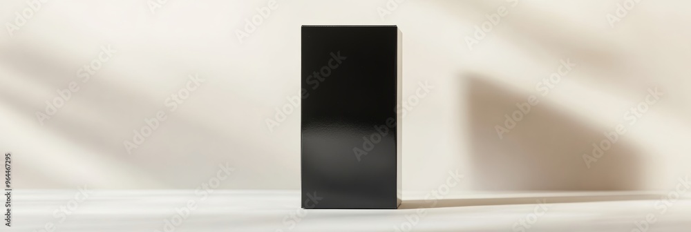 Poster a glossy black packaging box with a rectangular shape, standing upright with soft shadow and a clean