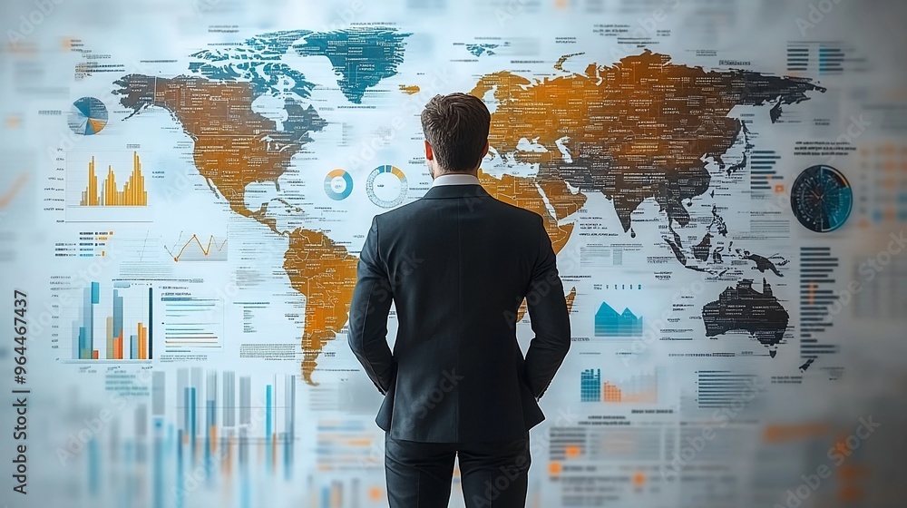 Poster businessman analyzing world map with charts and data visualizations in modern office