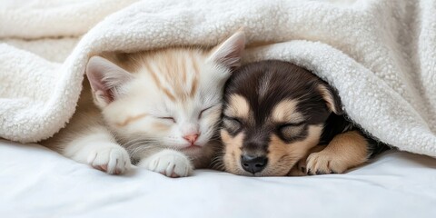 Sweet moment of a kitten and puppy cuddling together under a blanket, peacefully sleeping